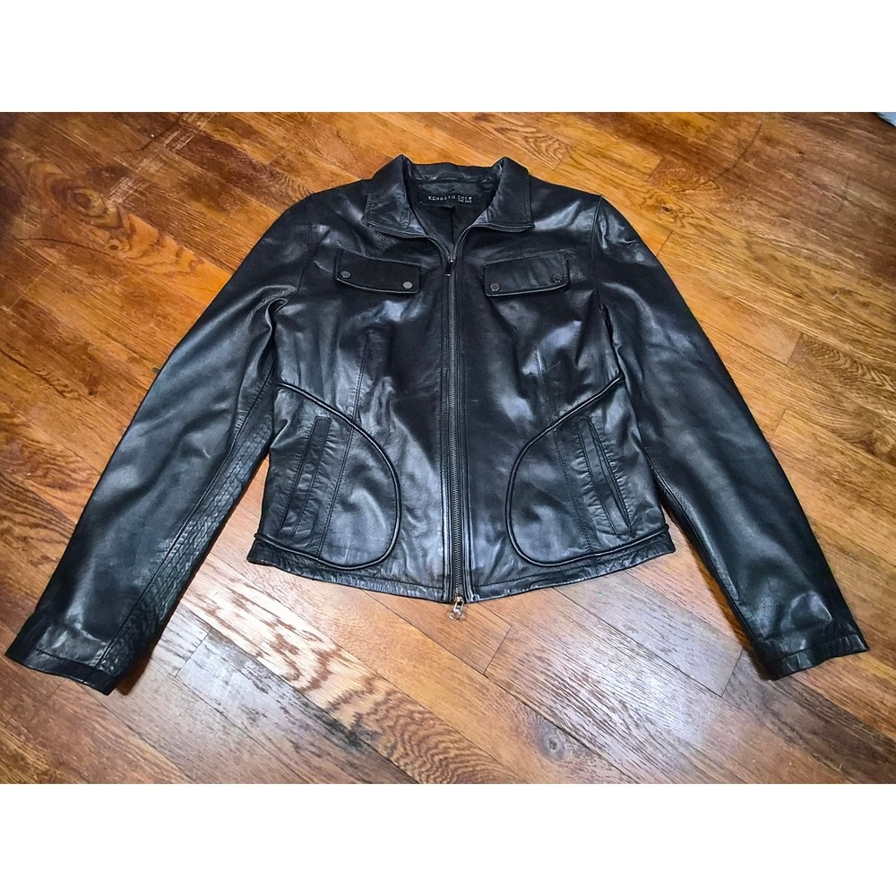 Kenneth Cole New York Black Leather Jacket Full Zip Pockets KM90105 Mens Large